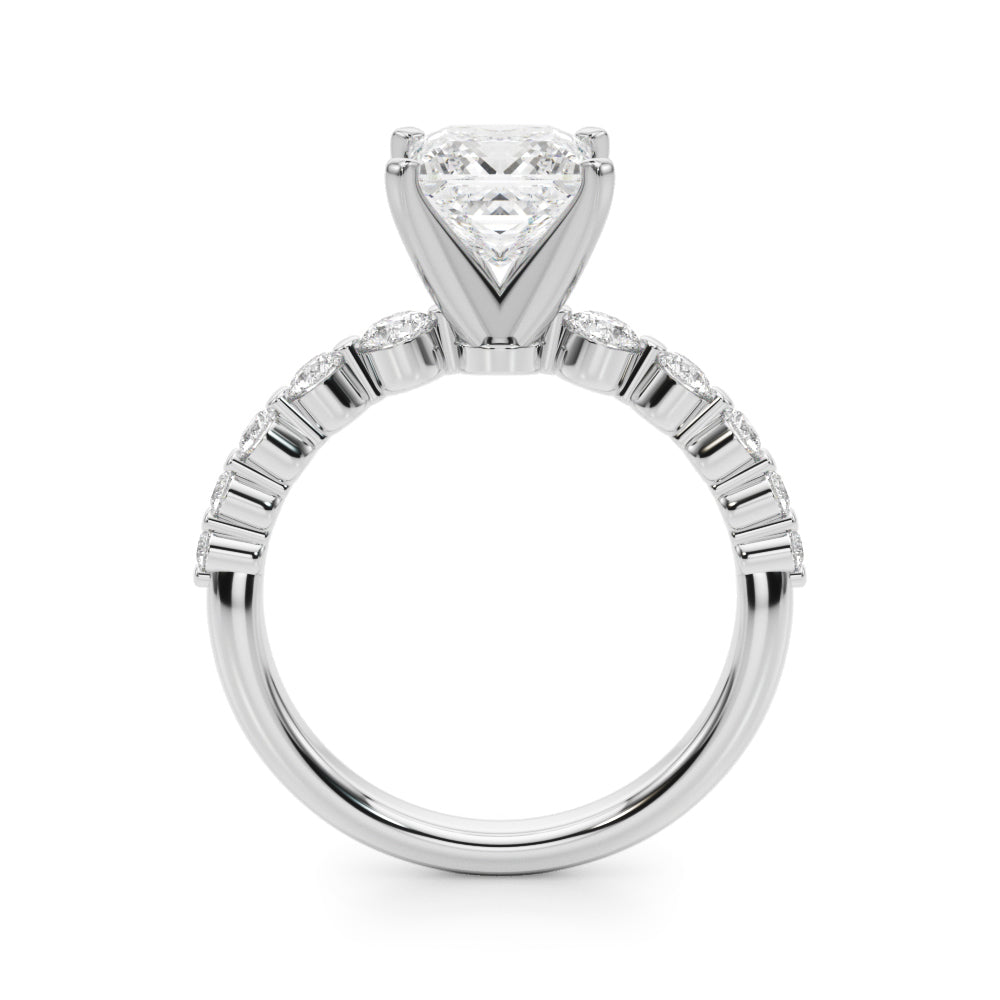 Silver Princess Solitaire Diamond Ring with Pave Band and Four-Prong Setting 1