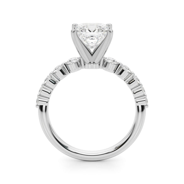 Silver 3.04 Carat E VS1 Princess Solitaire Diamond Ring with Pave Band and Four-Prong Setting