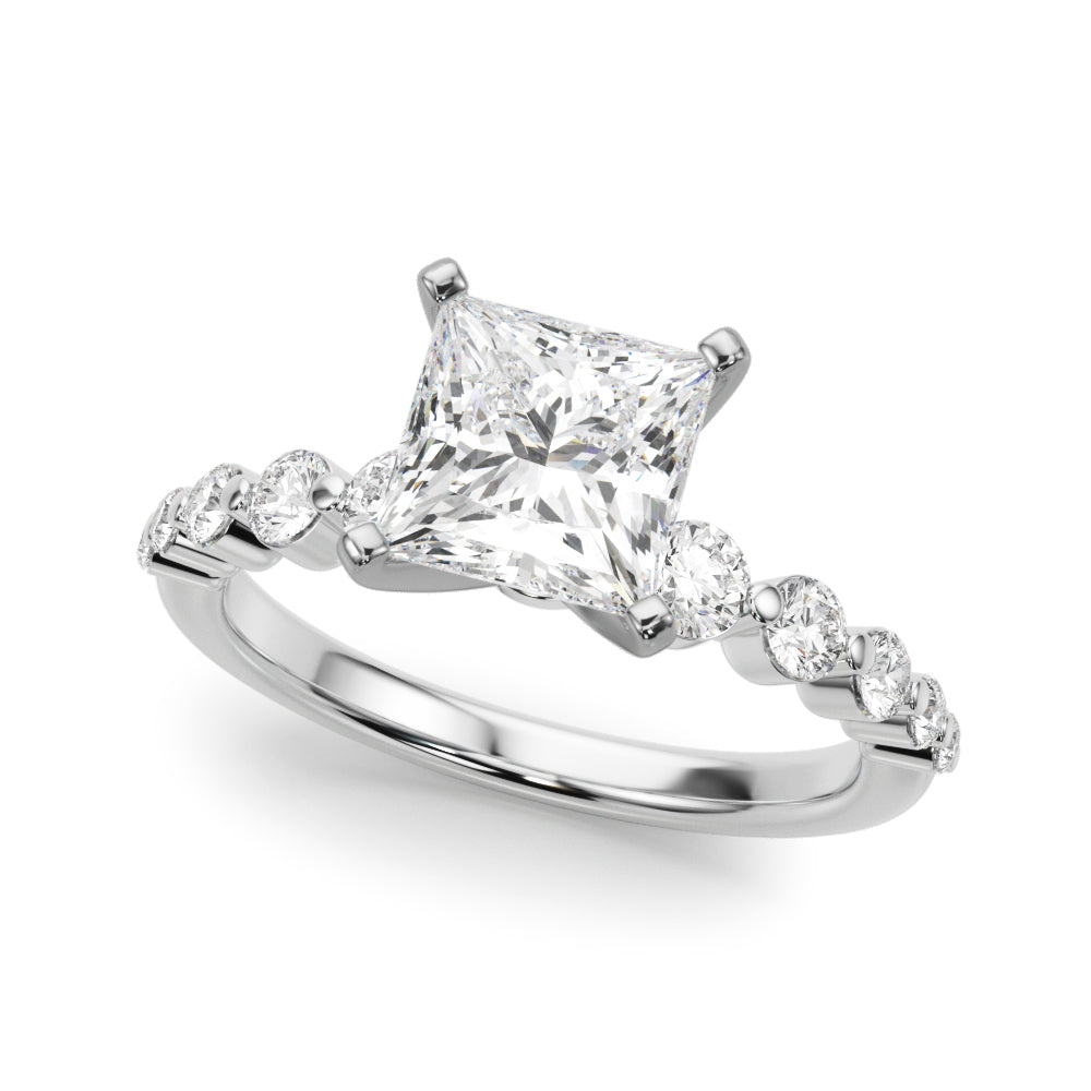 10K White Gold 3.03 Carat F VS1 Princess Solitaire Diamond Ring with Pave Band and Four-Prong Setting