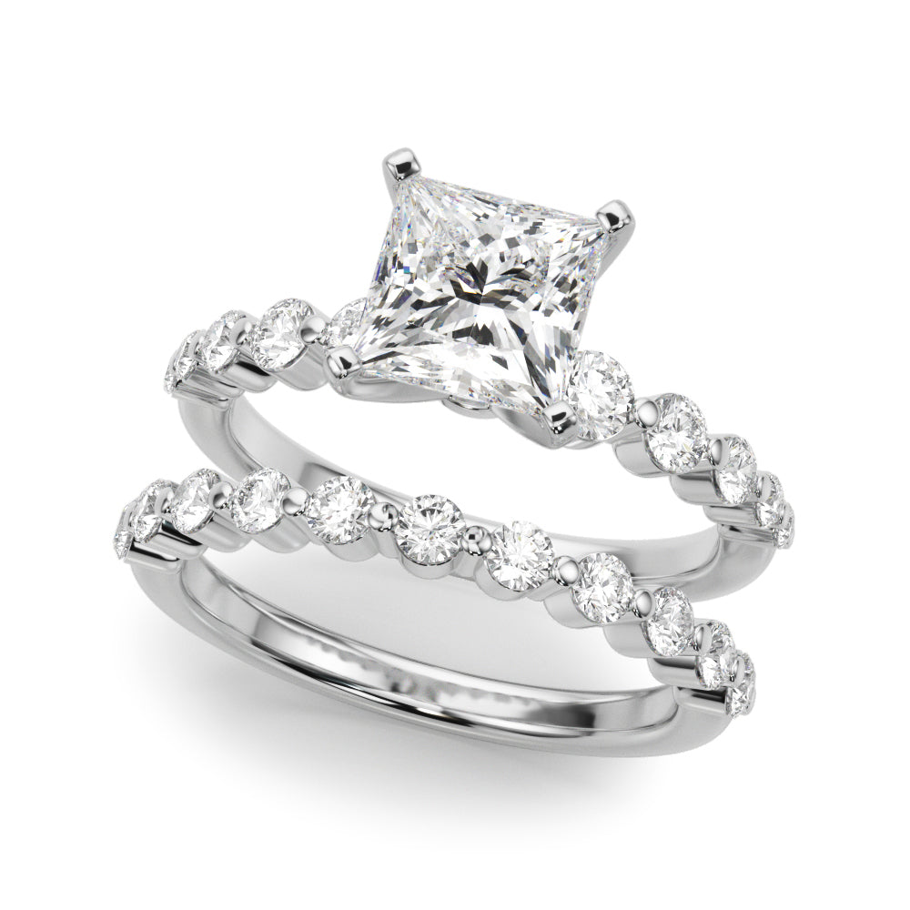 Silver Princess Solitaire Diamond Ring with Pave Band and Four-Prong Setting