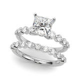 Silver 3.04 Carat E VS1 Princess Solitaire Diamond Ring with Pave Band and Four-Prong Setting