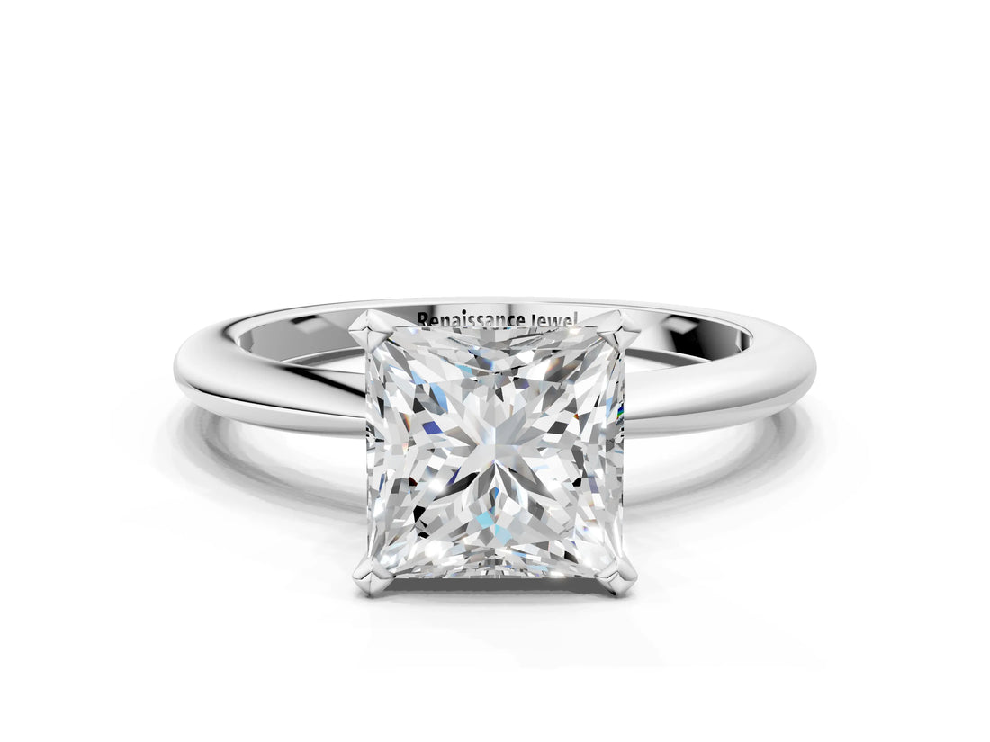 Silver Princess Solitaire Diamond Ring with Six-Prong Setting on a Classic Band