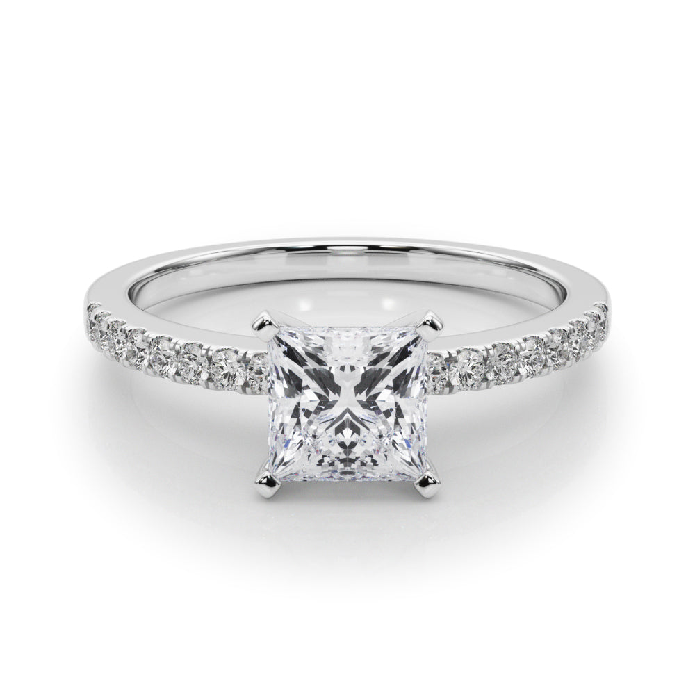 Silver Princess Solitaire Diamond with Pavé Band and Four-Prong Setting