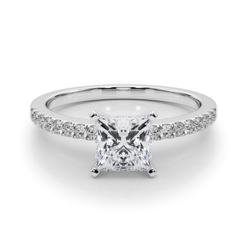 Silver Princess Solitaire Diamond with Pavé Band and Four-Prong Setting