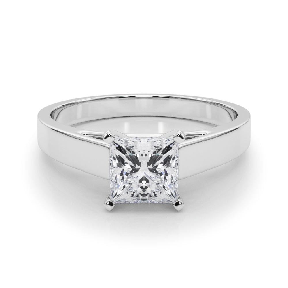 Silver Princess Solitaire Engagement Ring with Four-Prong Setting and Tapered Band