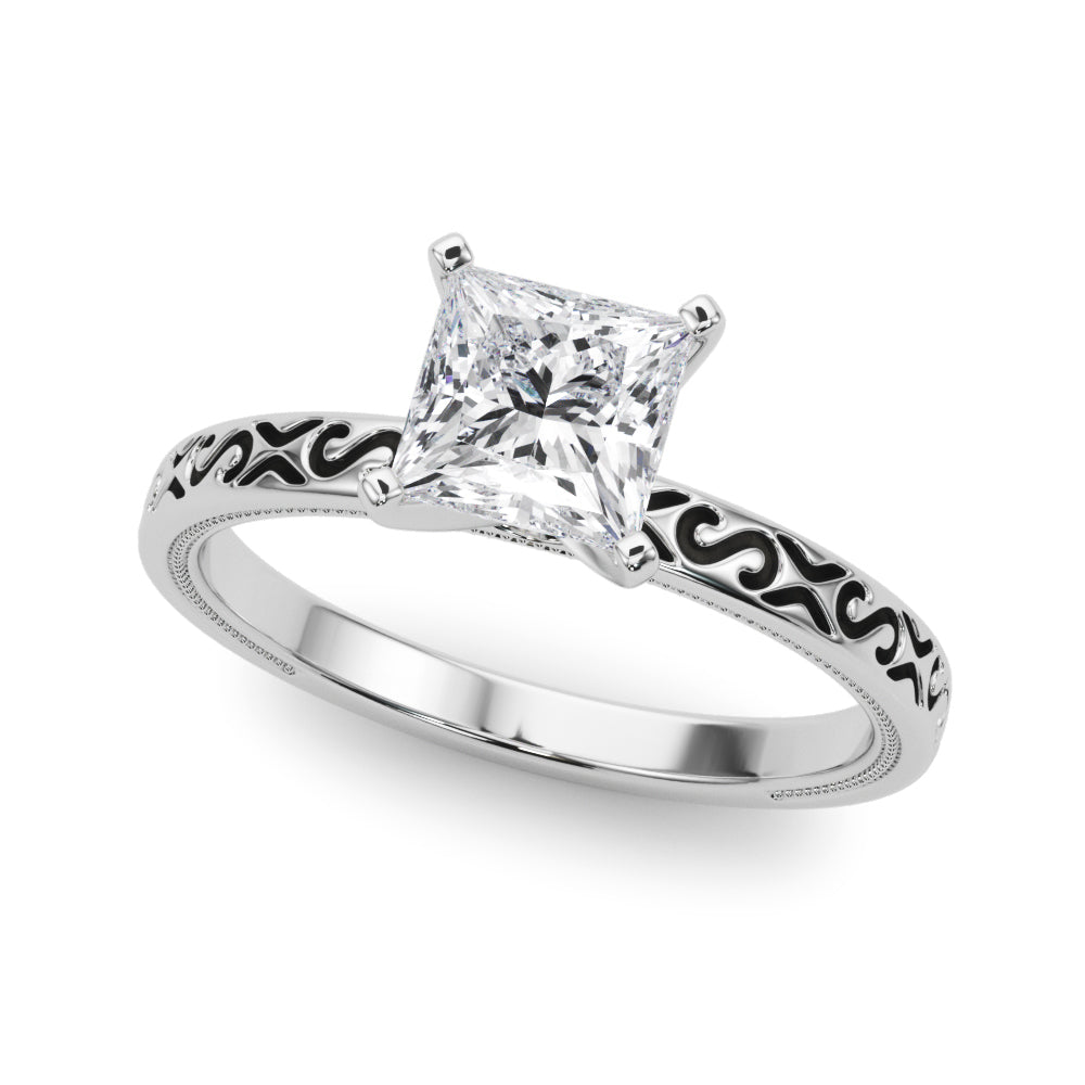 Silver Princess Solitaire Engagement Ring with Scrollwork Band and Four-Prong Setting 2