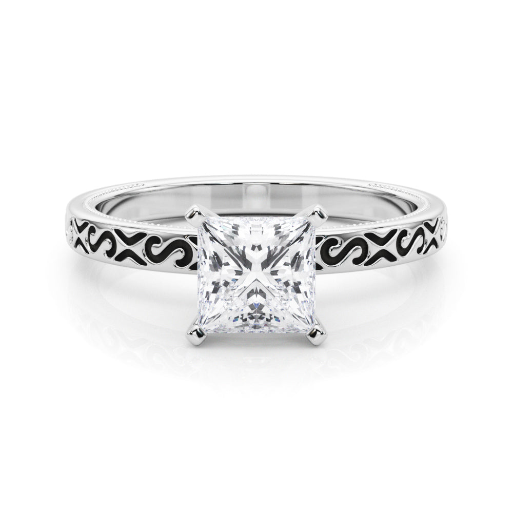 Silver Princess Solitaire Engagement Ring with Scrollwork Band and Four-Prong Setting
