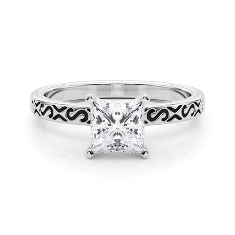 Silver Princess Solitaire Engagement Ring with Scrollwork Band and Four-Prong Setting