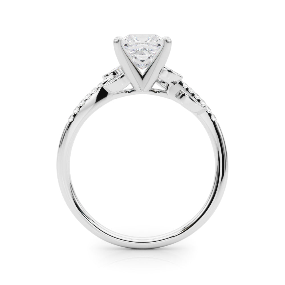 Silver Princess Solitaire Leaf-Inspired Diamond Ring with Pavé Band and Four-Prong Setting 1