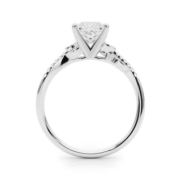 White gold Princess Solitaire Leaf-Inspired Diamond Ring with Pavé Band and Four-Prong Setting
