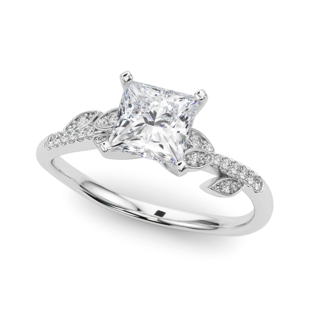 Silver Princess Solitaire Leaf-Inspired Diamond Ring with Pavé Band and Four-Prong Setting 2