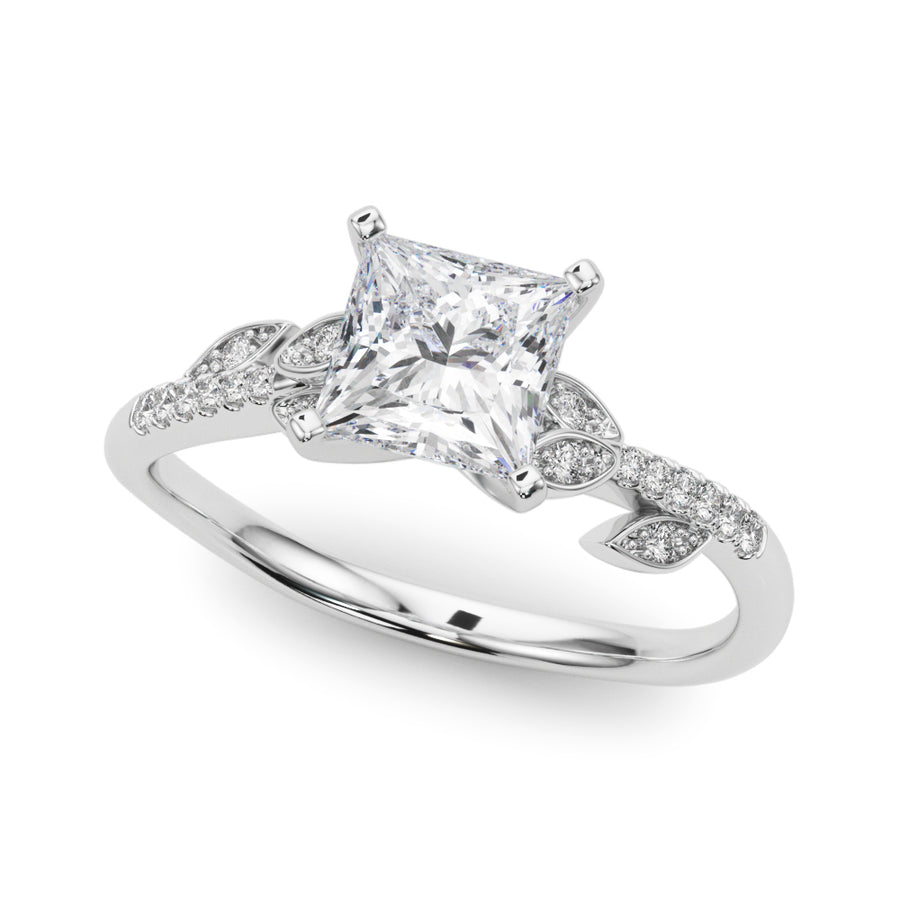 White gold Princess Solitaire Leaf-Inspired Diamond Ring with Pavé Band and Four-Prong Setting