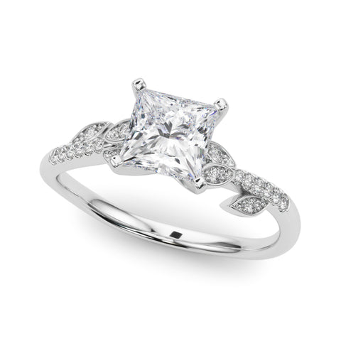 Silver Princess Solitaire Leaf-Inspired Diamond Ring with Pavé Band and Four-Prong Setting 2