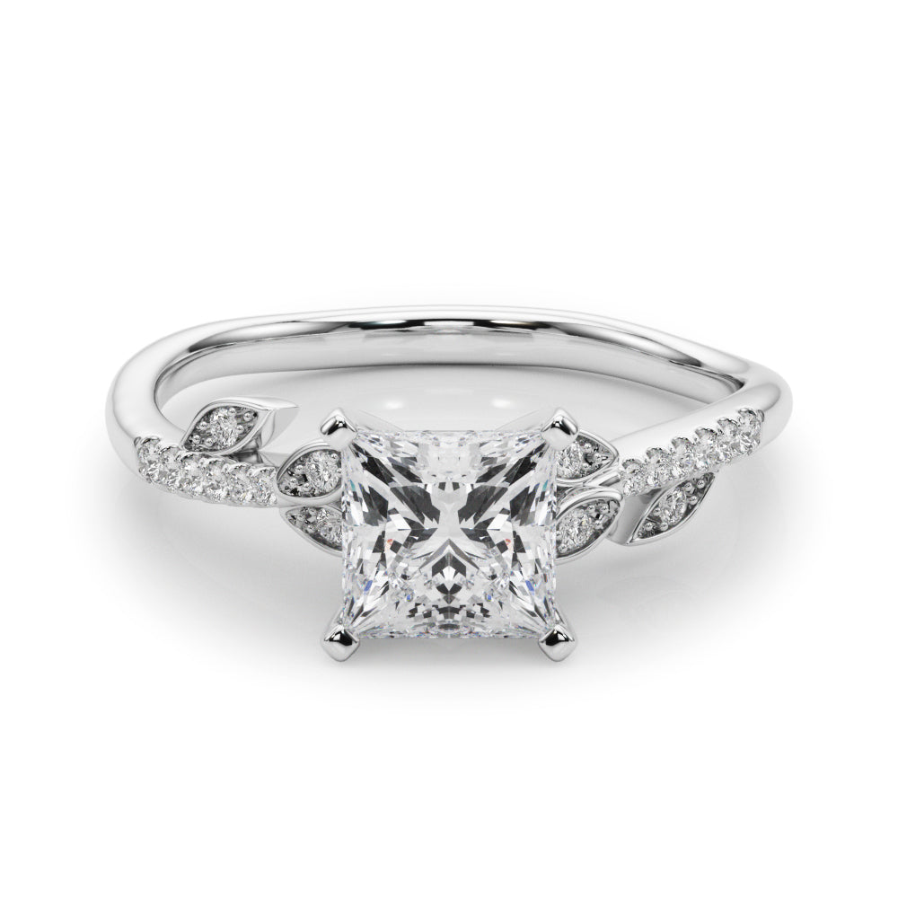 Silver Princess Solitaire Leaf-Inspired Diamond Ring with Pavé Band and Four-Prong Setting