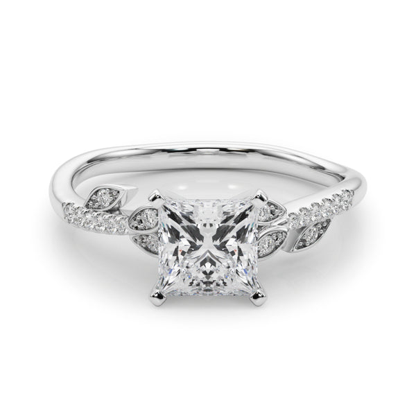 White gold Princess Solitaire Leaf-Inspired Diamond Ring with Pavé Band and Four-Prong Setting