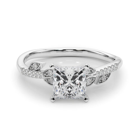 Silver Princess Solitaire Leaf-Inspired Diamond Ring with Pavé Band and Four-Prong Setting