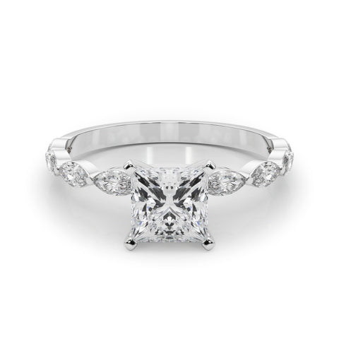 Silver Princess Solitaire Marquise Side Stone Prong Setting Ring