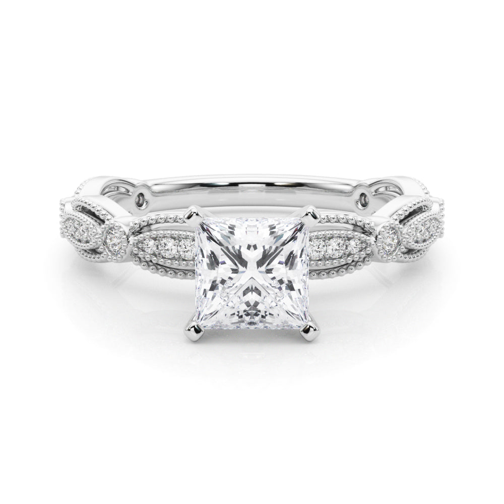 Silver Princess Solitaire Milgrain Diamond Engagement Ring with Bezel and Marquise Band