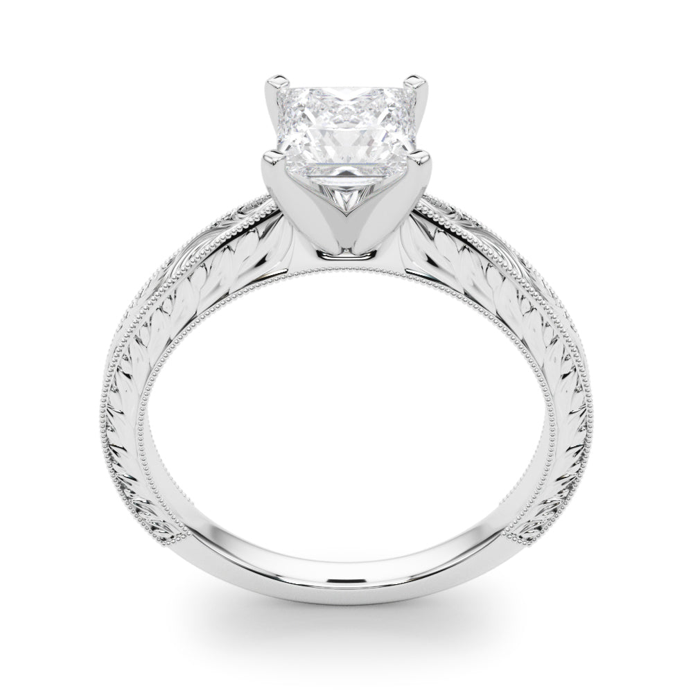 Silver Princess Solitaire Milgrain Engraved Band with Four-Prong Setting 1