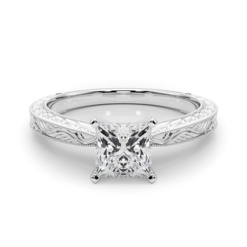 Silver Princess Solitaire Milgrain Engraved Band with Four-Prong Setting
