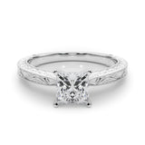 Silver Princess Solitaire Milgrain Engraved Band with Four-Prong Setting