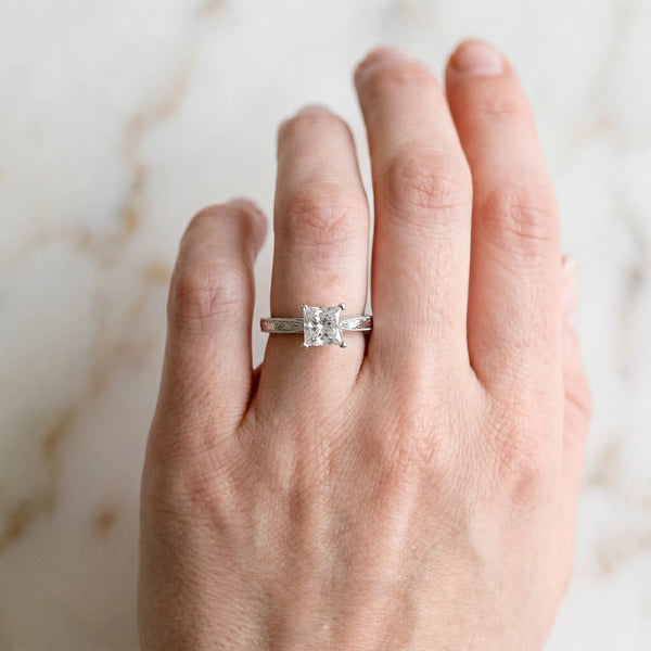 Sterling Silver Princess Cut Vintage Solitaire Engagement Ring Setting with Milgrain Engraved Band