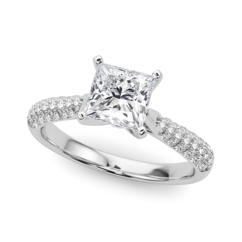 Silver Princess Solitaire Pavé Diamond Engagement Ring with Four-Prong Setting 2