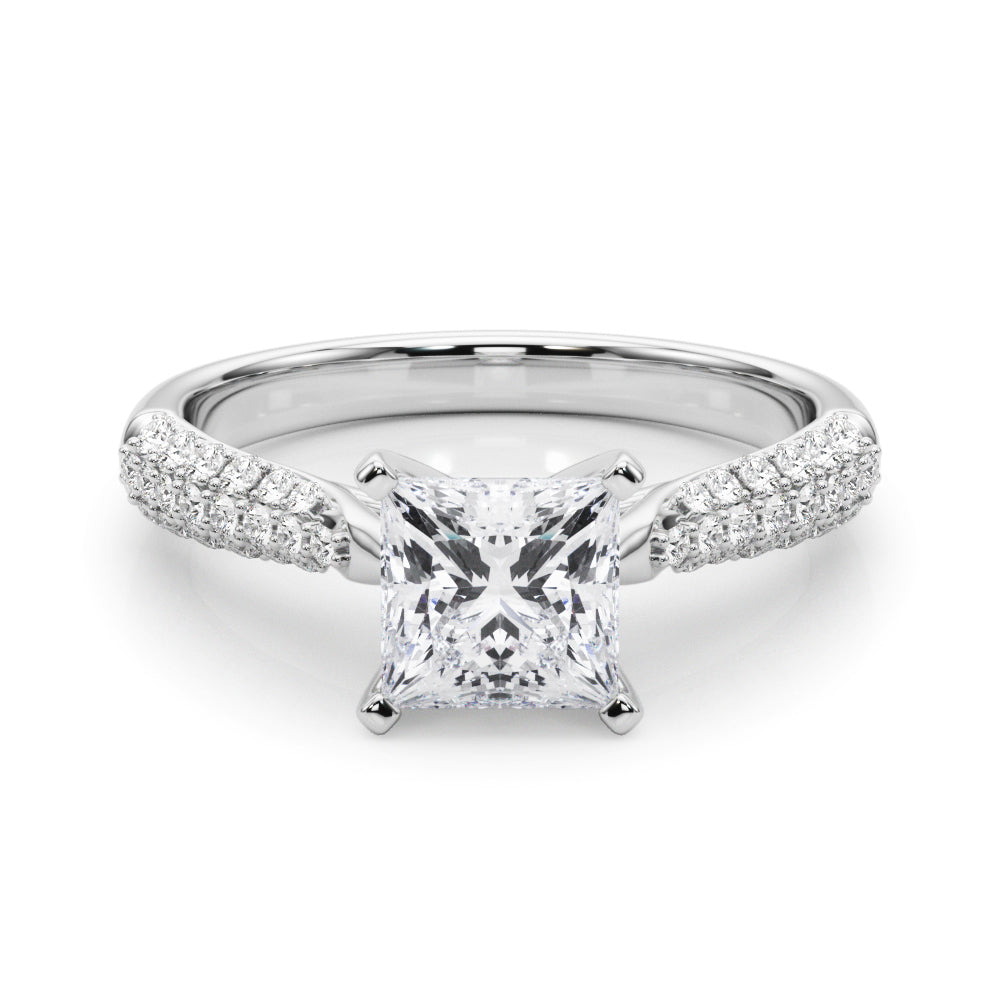 Silver Princess Solitaire Pavé Diamond Engagement Ring with Four-Prong Setting