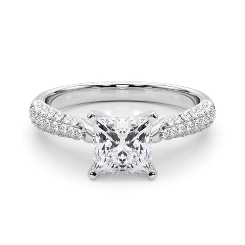Silver Princess Solitaire Pavé Diamond Engagement Ring with Four-Prong Setting