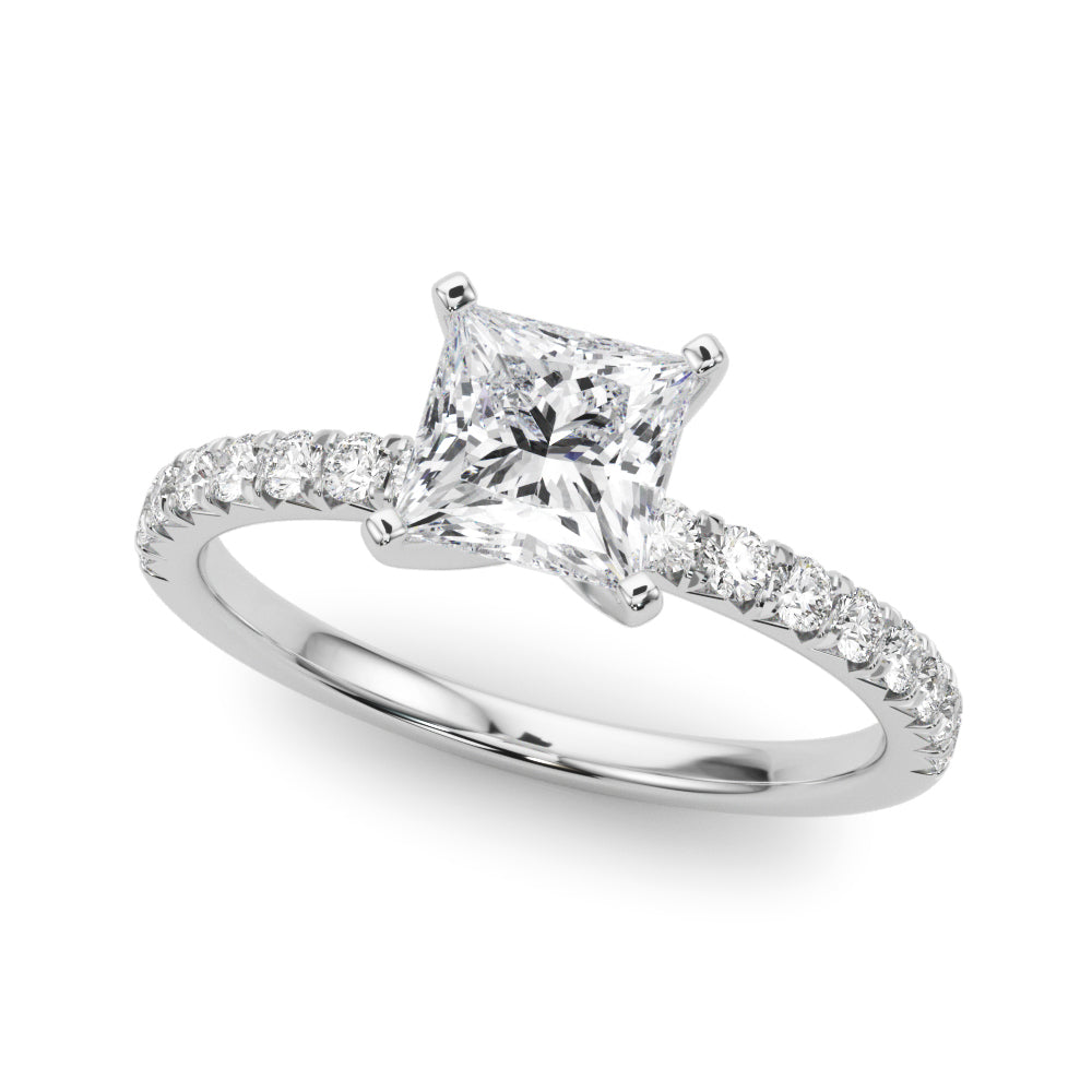 10K White Gold 2.05 Carat F VS1 Princess Solitaire Pave Diamond Engagement Ring with Four-Prong Setting