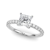 10K White Gold 2.05 Carat F VS1 Princess Solitaire Pave Diamond Engagement Ring with Four-Prong Setting