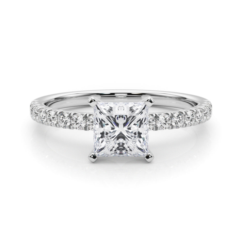 Silver Princess Solitaire Pave Diamond Engagement Ring with Four-Prong Setting