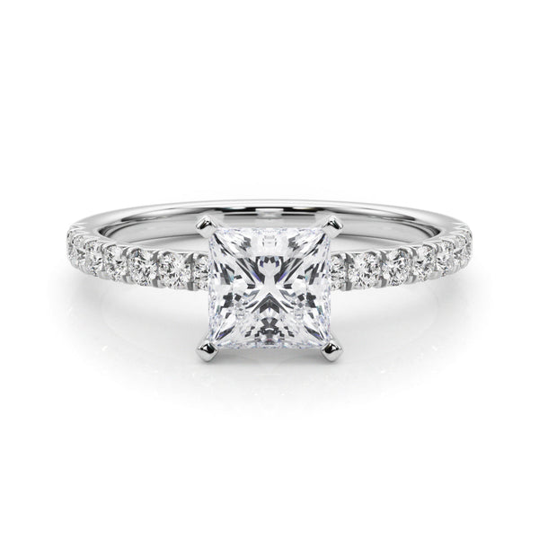 10K White Gold 2.05 Carat F VS1 Princess Solitaire Pave Diamond Engagement Ring with Four-Prong Setting
