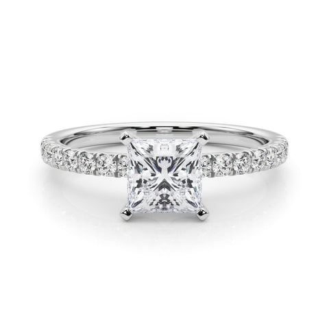 Silver Princess Solitaire Pave Diamond Engagement Ring with Four-Prong Setting