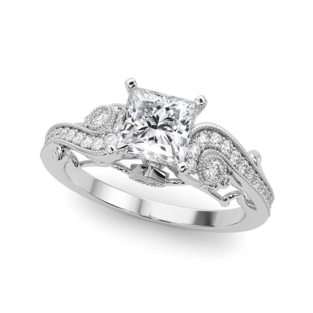 Silver Princess Solitaire with Milgrain Pave Band and Four-Prong Setting 2