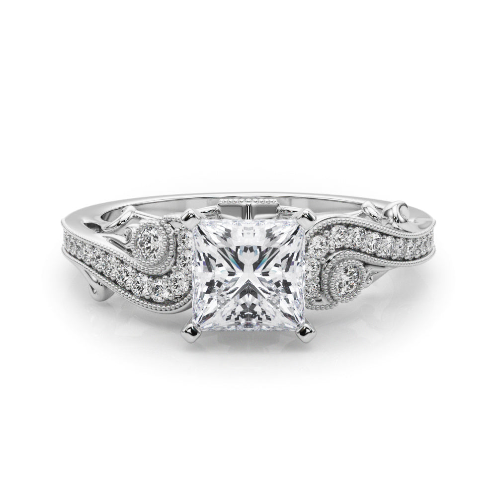 Silver Princess Solitaire with Milgrain Pave Band and Four-Prong Setting