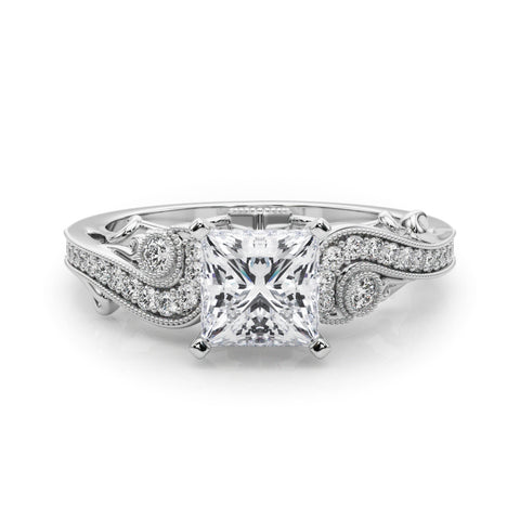 Silver Princess Solitaire with Milgrain Pave Band and Four-Prong Setting