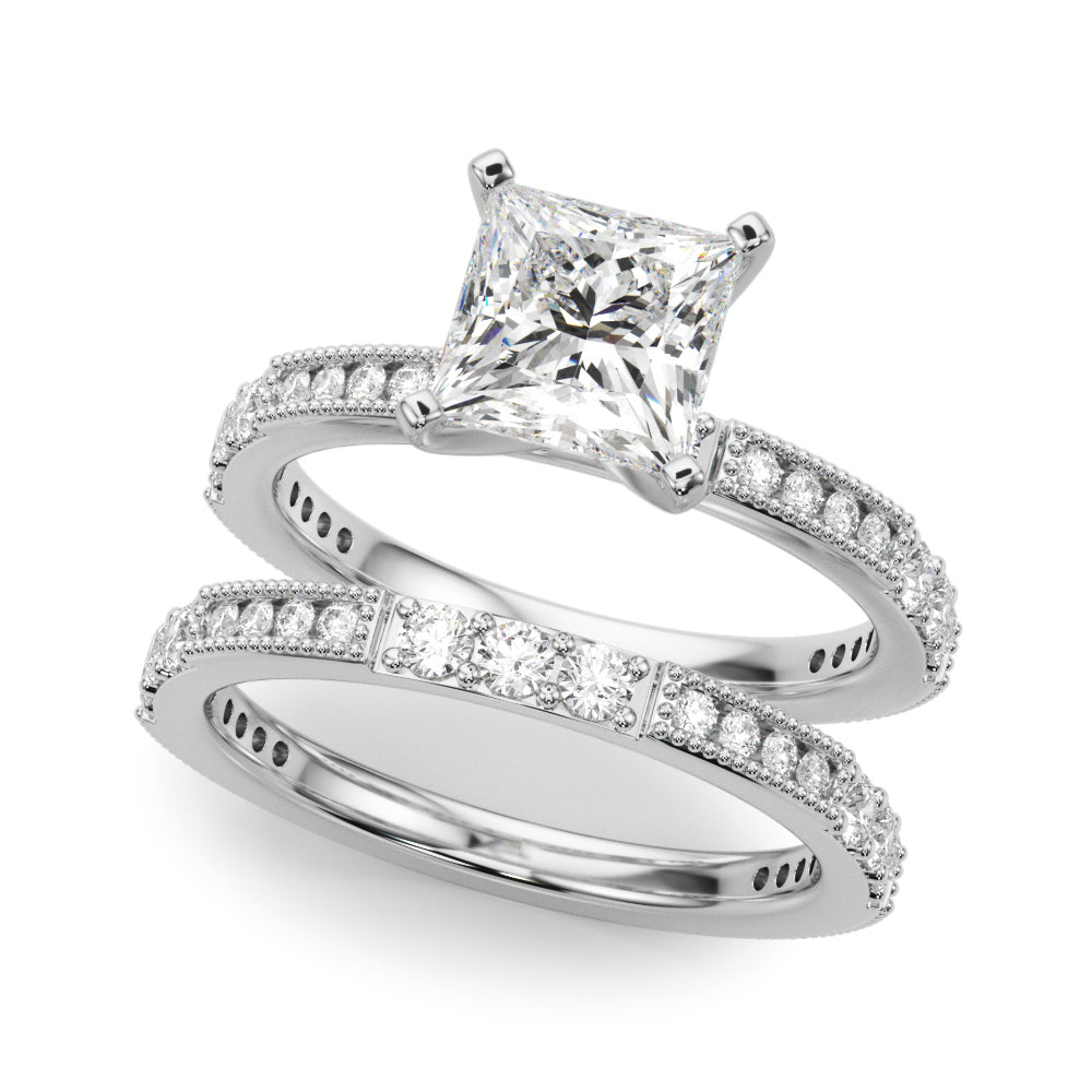 Silver Princess Solitaire with Pavé Band and Four-Prong Setting