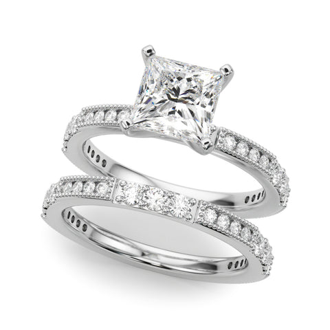 Silver Princess Solitaire with Pavé Band and Four-Prong Setting