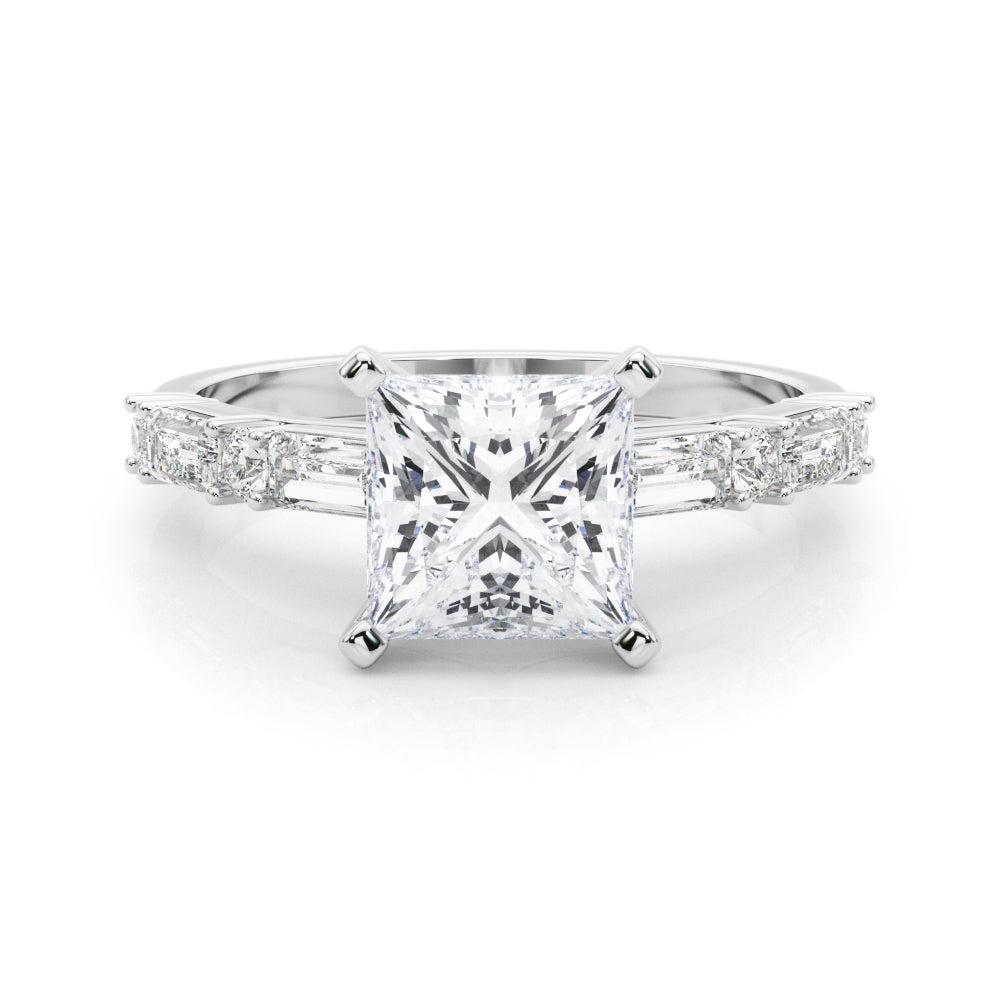 Silver Princess Solitaire with Side Baguettes and Channel Set Band
