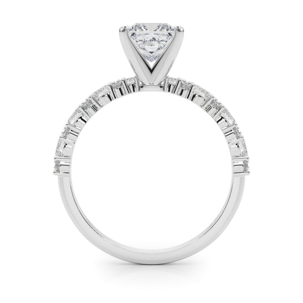 14K White Gold 3.06 Carat F VS1 Princess Solitaire with Side Stones, Pave Band, Four-Prong Setting
