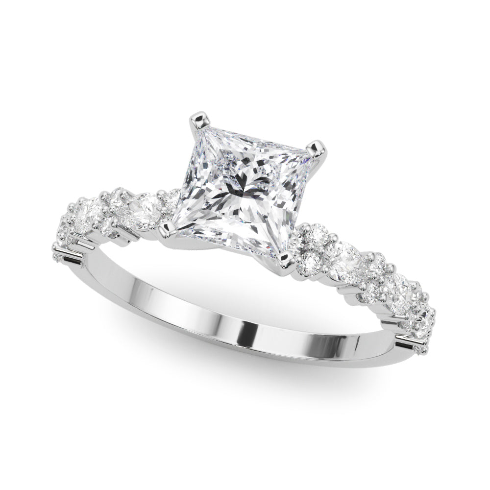 14K White Gold 3.06 Carat F VS1 Princess Solitaire with Side Stones, Pave Band, Four-Prong Setting