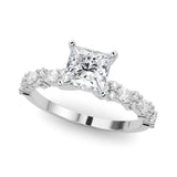 14K White Gold 3.06 Carat F VS1 Princess Solitaire with Side Stones, Pave Band, Four-Prong Setting
