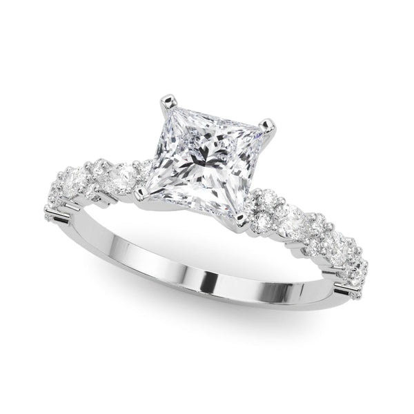 14K White Gold 3.06 Carat F VS1 Princess Solitaire with Side Stones, Pave Band, Four-Prong Setting