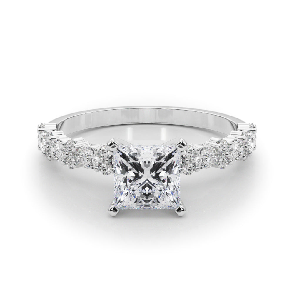 Silver Princess Solitaire with Side Stones, Pave Band, Four-Prong Setting