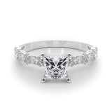 14K White Gold 3.06 Carat F VS1 Princess Solitaire with Side Stones, Pave Band, Four-Prong Setting