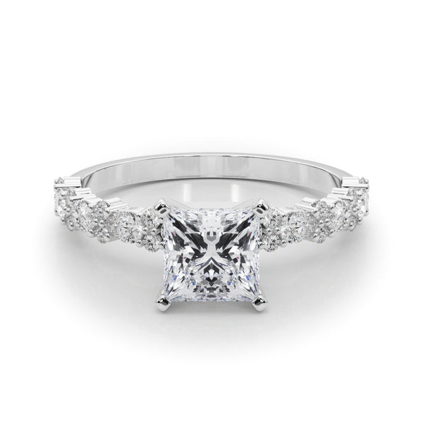 14K White Gold 3.06 Carat F VS1 Princess Solitaire with Side Stones, Pave Band, Four-Prong Setting