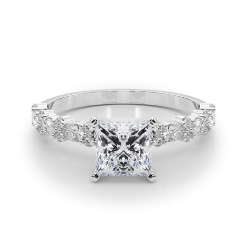 Silver Princess Solitaire with Side Stones, Pave Band, Four-Prong Setting