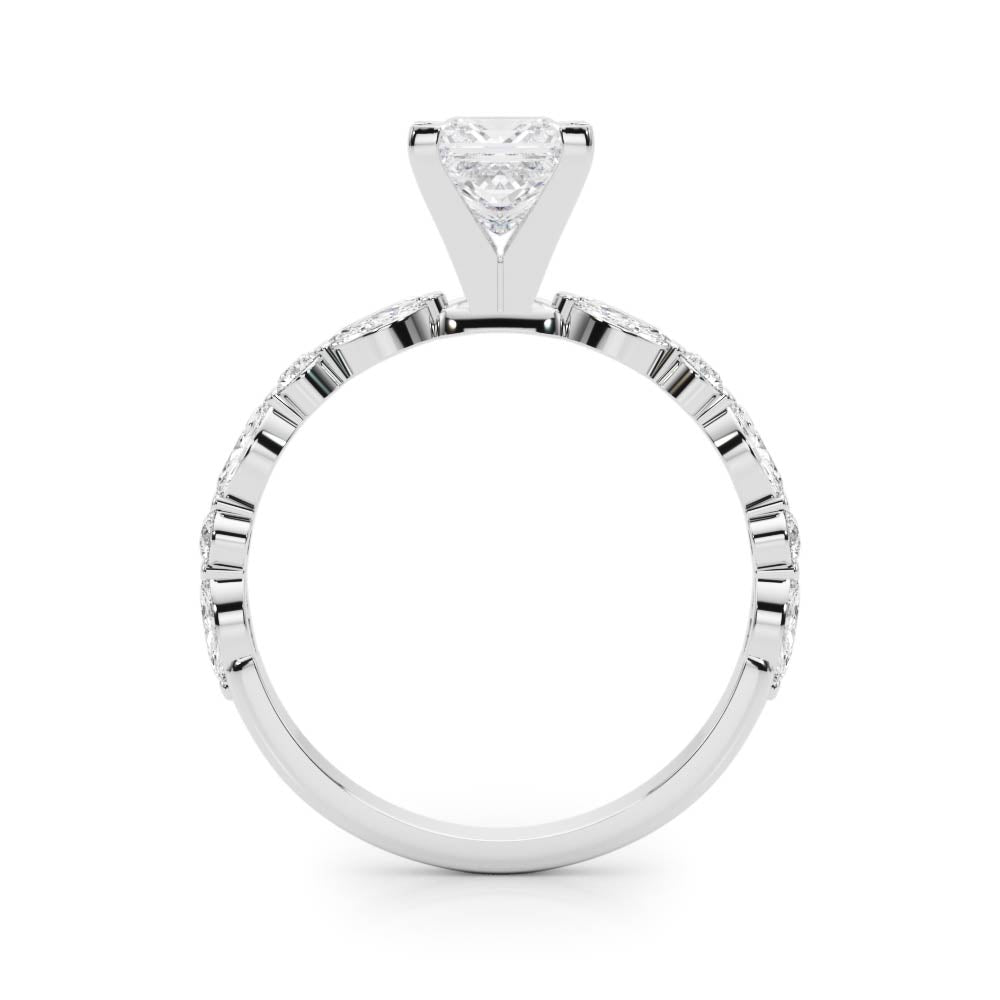 Silver Princess Solitaire with Side Stones on a Pavé Band and Four-Prong Setting 1