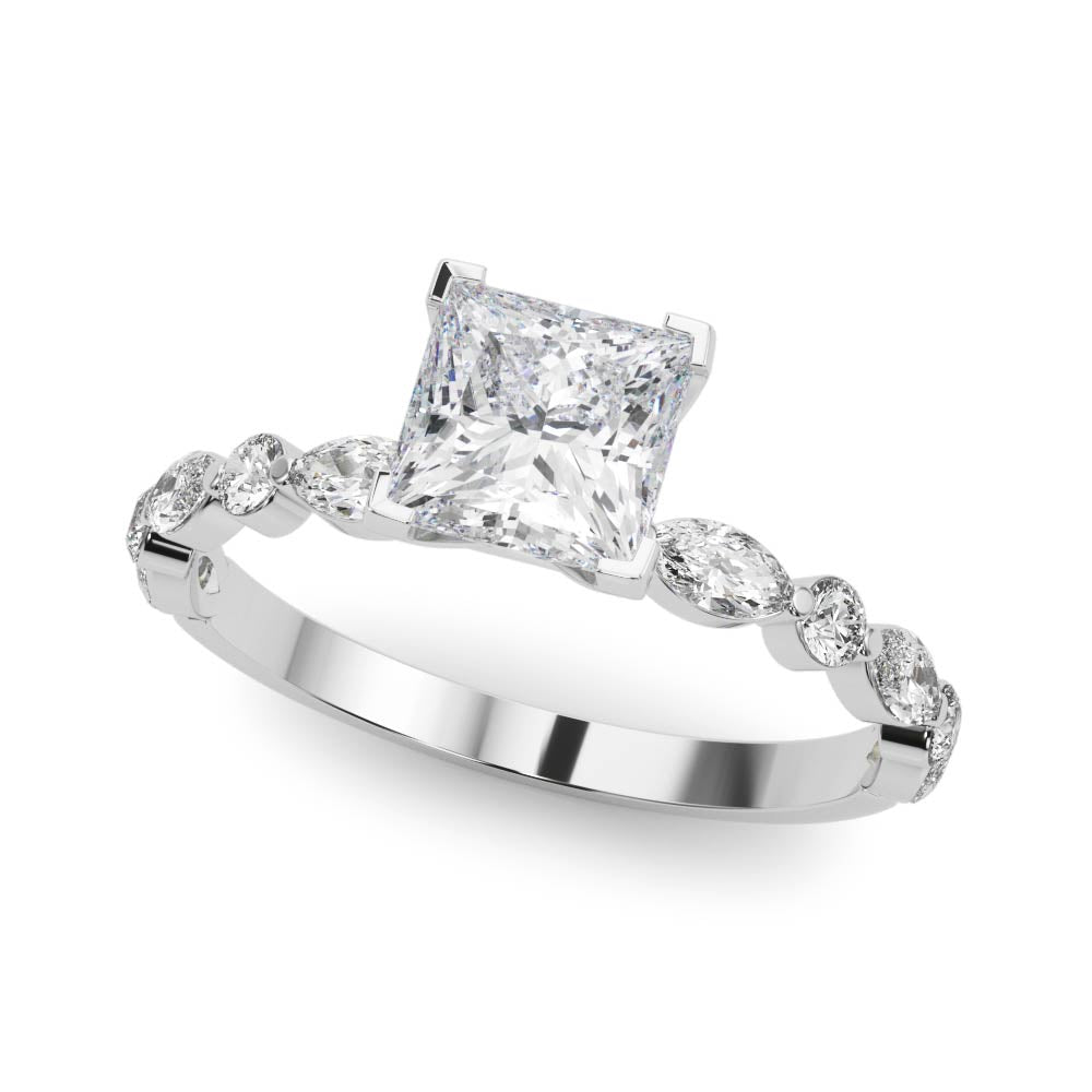 Silver Princess Solitaire with Side Stones on a Pavé Band and Four-Prong Setting 2